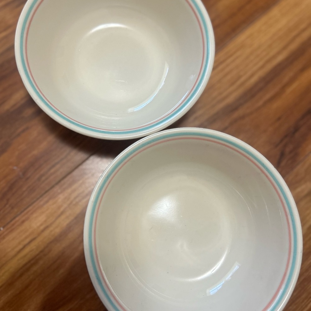 Corelle Forever Yours by Corning Ware Ceramic Bowls Set (2) w Mint and Coral Rim
